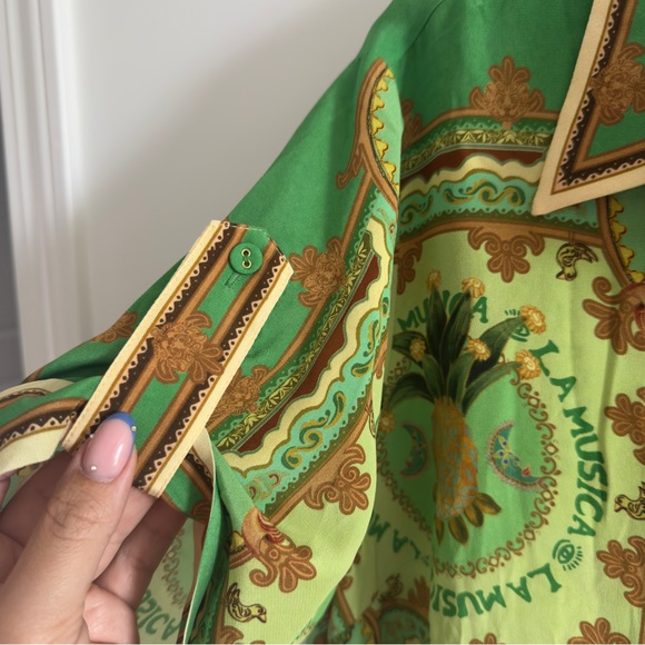 Alemais La Musica Set Green Silk Luxury Resort Style Shirt and Wide Leg Pants - Picture 3 of 13